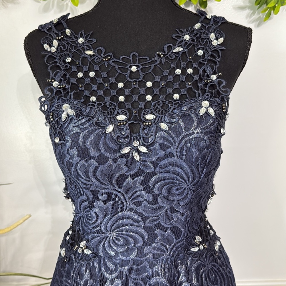 ❤️ City StudioNavy Blue Lace Rhinestone Crochet Cutout Sleeveless Dress 5 - Picture 2 of 8